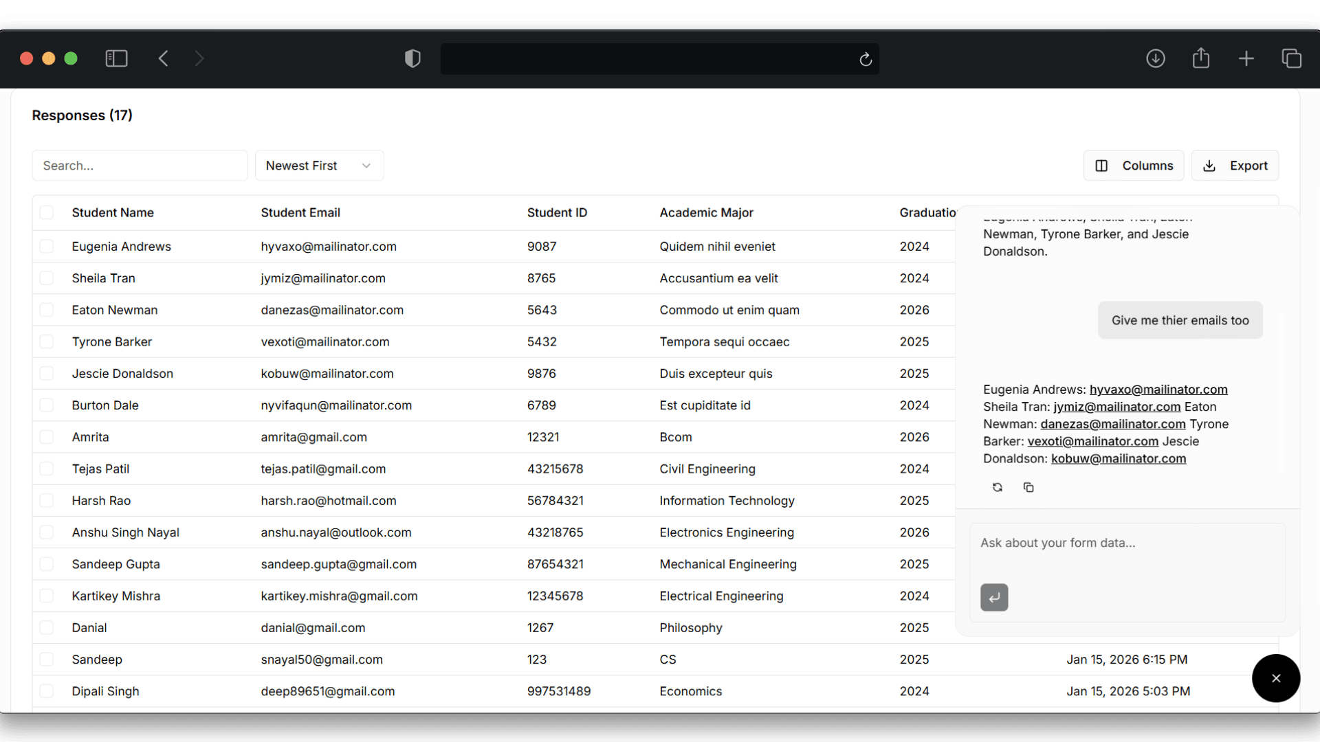 DropForm dashboard - AI-powered data management with natural language querying interface